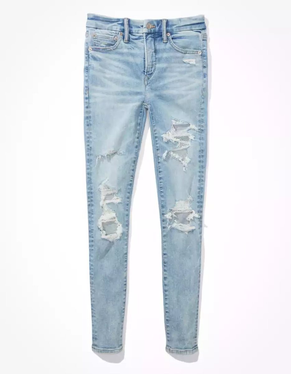 Jean American Eagle AE Lu(x)e Ripped High-Waisted Jegging Bleu Blanche Femme | DGO-34800973